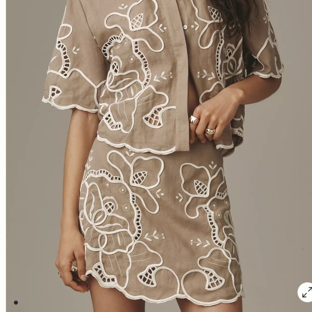 Lovaan Milicent Eyelet Buttondown Linen Mini Skirt Tan Floral Scalloped- 12